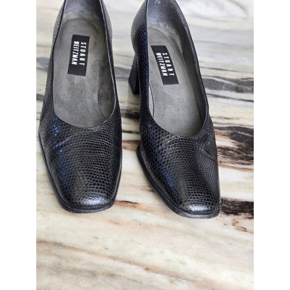 Stuart Weitzman Black Lizard Embossed Square Toe Block Heel Pumps Mens Size 7M - Picture 2 of 12